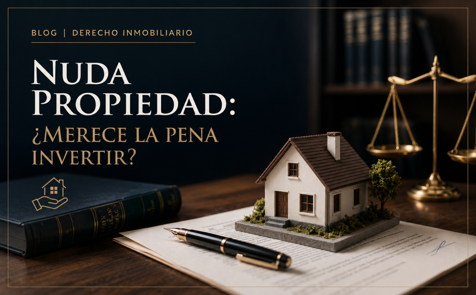 Portada sobre inversión en nuda propiedad con vivienda en maqueta y elementos legales sobre escritorio