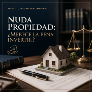 Portada sobre inversión en nuda propiedad con vivienda en maqueta y elementos legales sobre escritorio
