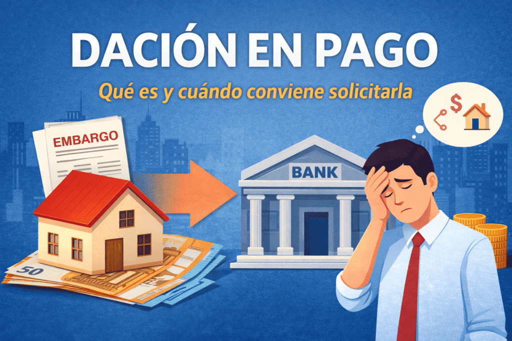 ilustración explicativa de la dación en pago y entrega de vivienda al banco para cancelar una deuda hipotecaria