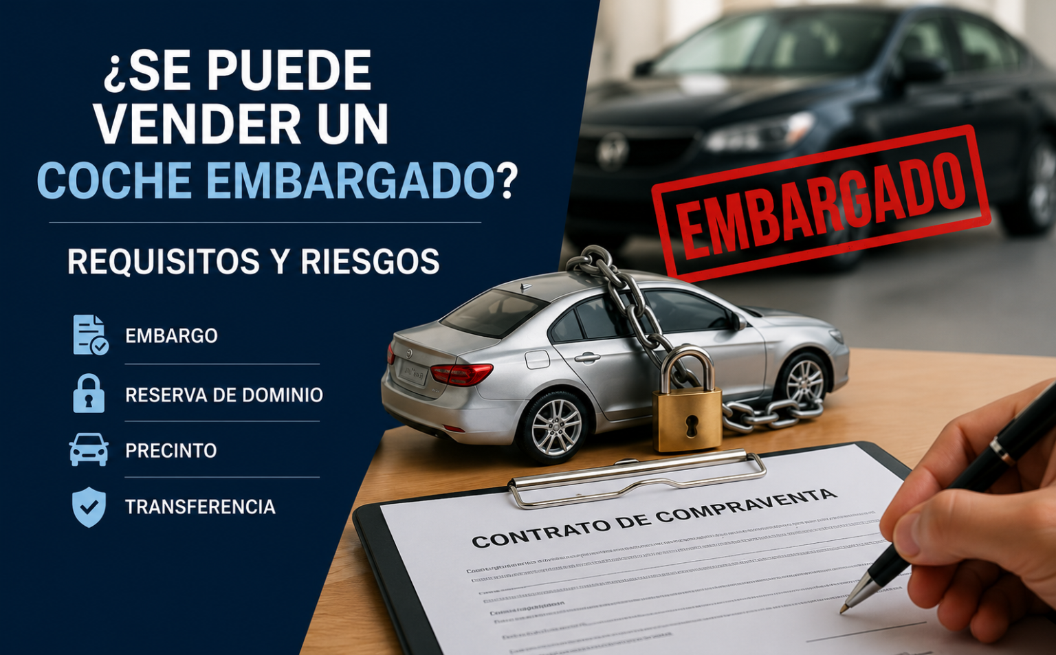 Imagen de un coche embargado con un candado y cadena en las ruedas, simbolizando la restricción legal. En primer plano, una persona firma un contrato de compraventa con detalles visibles, mientras que la palabra "EMBARGADO" está estampada en rojo sobre la imagen, indicando el estado legal del vehículo.