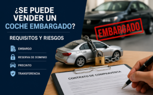Imagen de un coche embargado con un candado y cadena en las ruedas, simbolizando la restricción legal. En primer plano, una persona firma un contrato de compraventa con detalles visibles, mientras que la palabra "EMBARGADO" está estampada en rojo sobre la imagen, indicando el estado legal del vehículo.