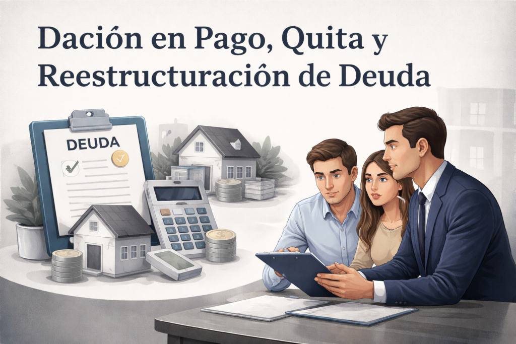 Abogado explicando a un cliente soluciones de deuda hipotecaria, con iconos de casas, monedas y documentos, en un estilo corporativo y serio