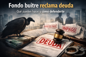 Imagen de fondo buitre sobre documentos de deuda con sello de impago y mazo judicial representando reclamación de deuda en España