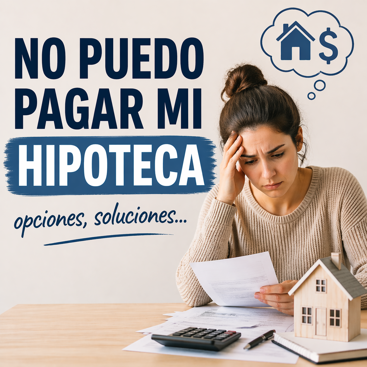 Imagen de una mujer preocupada mirando sus documentos financieros, con el título 'NO PUEDO PAGAR MI HIPOTECA' y 'opciones, soluciones...' sobre un fondo claro.