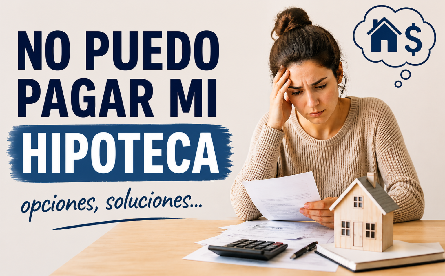 Imagen de una mujer preocupada mirando sus documentos financieros, con el título 'NO PUEDO PAGAR MI HIPOTECA' y 'opciones, soluciones...' sobre un fondo claro.