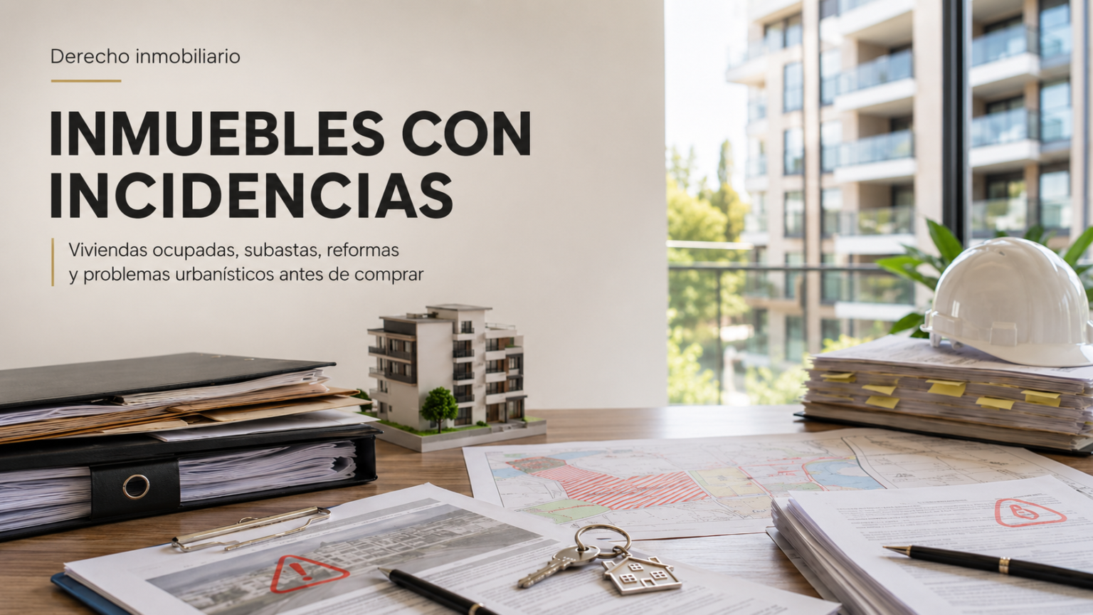 Imagen de cabecera sobre derecho inmobiliario con documentos legales, planos urbanísticos, llaves, maqueta de edificio y casco de obra, acompañada del texto “Inmuebles con incidencias”.