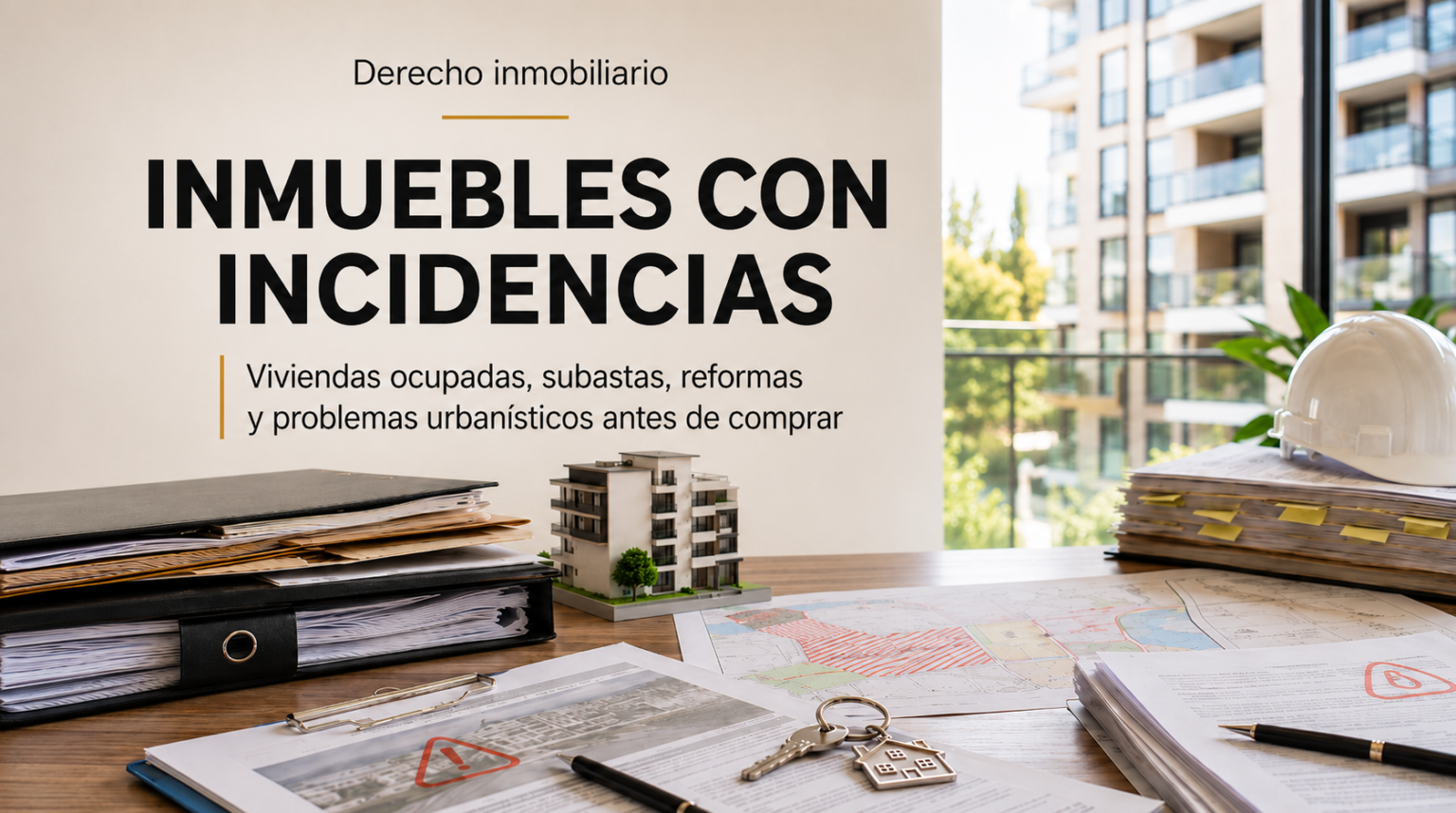 Imagen de cabecera sobre derecho inmobiliario con documentos legales, planos urbanísticos, llaves, maqueta de edificio y casco de obra, acompañada del texto “Inmuebles con incidencias”.