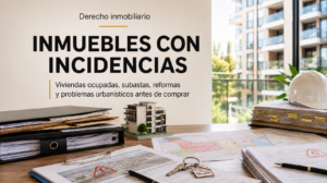 Imagen de cabecera sobre derecho inmobiliario con documentos legales, planos urbanísticos, llaves, maqueta de edificio y casco de obra, acompañada del texto “Inmuebles con incidencias”.