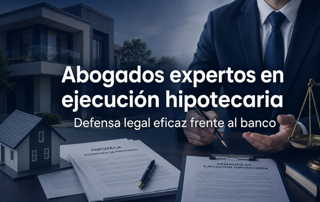 Abogado especializado en ejecución hipotecaria revisando documentos junto a una vivienda y una balanza de la justicia.