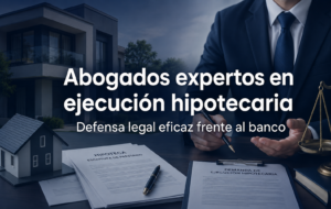 Abogado especializado en ejecución hipotecaria revisando documentos junto a una vivienda y una balanza de la justicia.