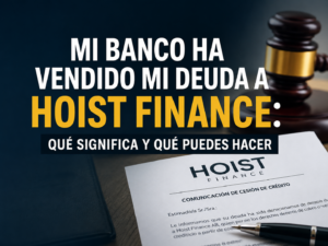 Imagen para blog jurídico sobre una deuda bancaria vendida a Hoist Finance, con documento de cesión de crédito, mazo judicial y el texto “Mi banco ha vendido mi deuda a Hoist Finance: qué significa y qué puedes hacer”.
