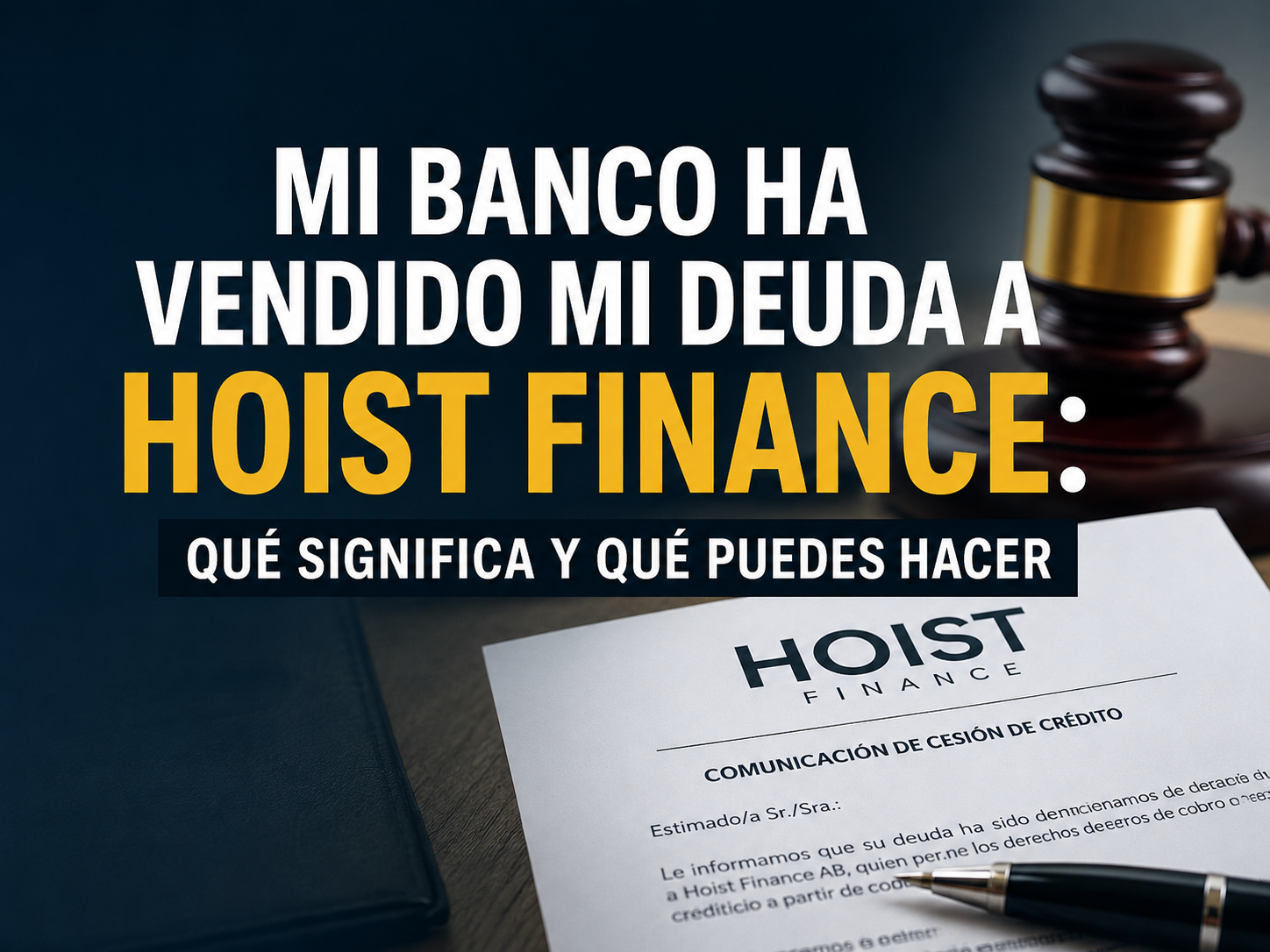 Imagen para blog jurídico sobre una deuda bancaria vendida a Hoist Finance, con documento de cesión de crédito, mazo judicial y el texto “Mi banco ha vendido mi deuda a Hoist Finance: qué significa y qué puedes hacer”.