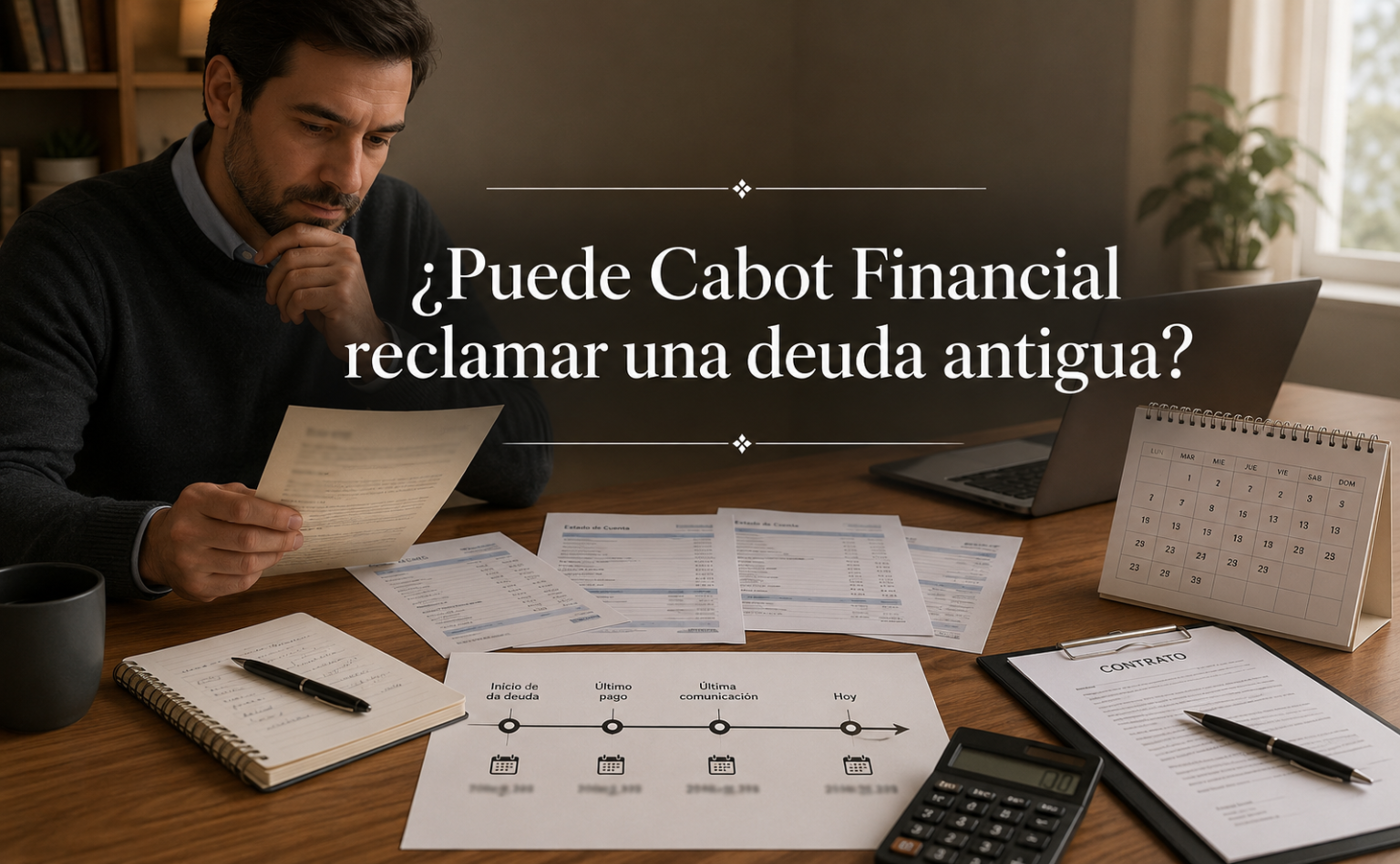 Persona revisando una reclamación de deuda antigua de Cabot Financial antes de pagar