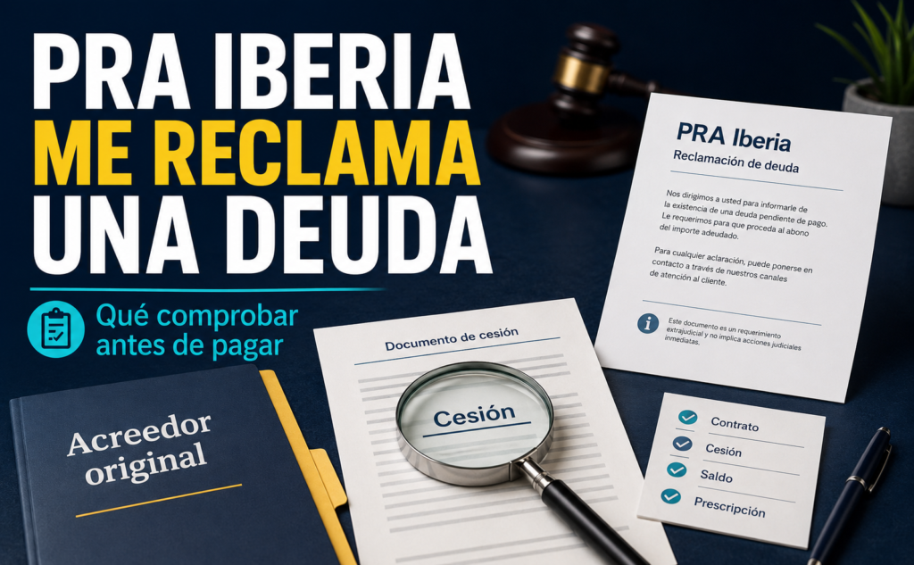 Carta de PRA Iberia reclamando una deuda junto a documentos para comprobar el contrato, la cesión, el saldo y la prescripción