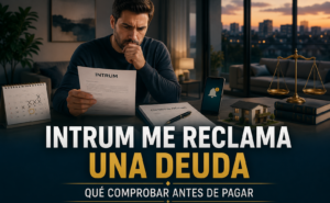 Persona revisando una reclamación de deuda de Intrum y comprobando el contrato, la cantidad reclamada y la posible prescripción.