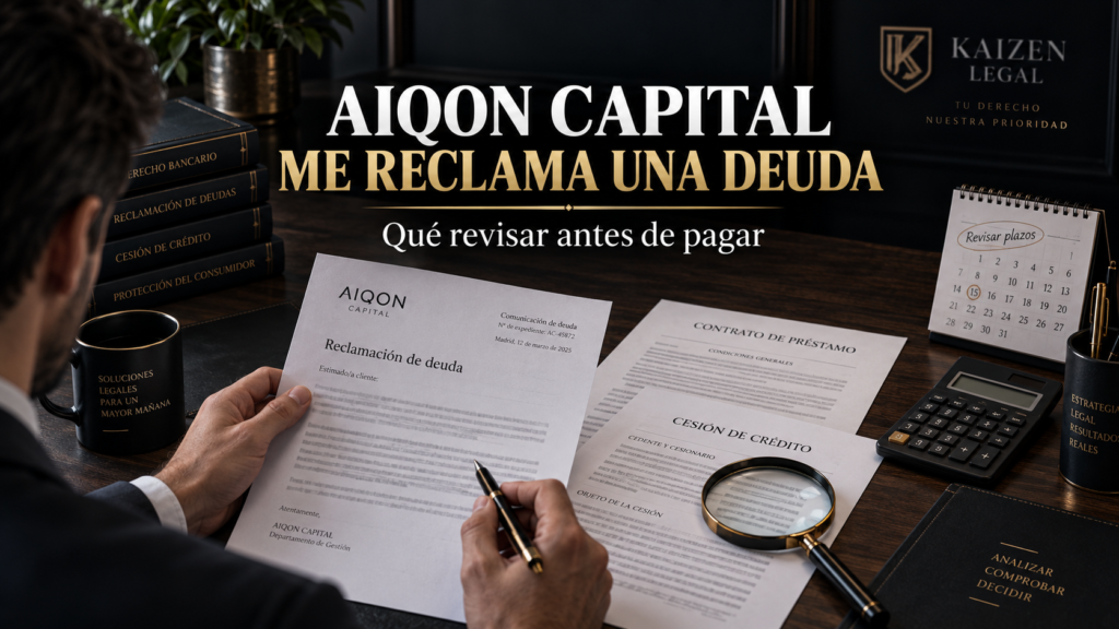 Reclamación de deuda de AIQON Capital junto a contrato bancario y documentación de cesión de crédito.